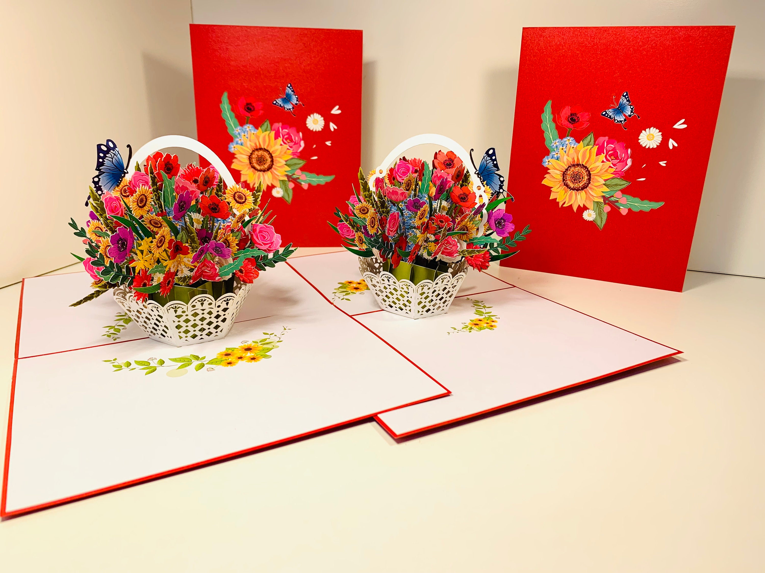 RED Spring Colourful Flower Basket 3D Pop up Greeting Card Happy ...