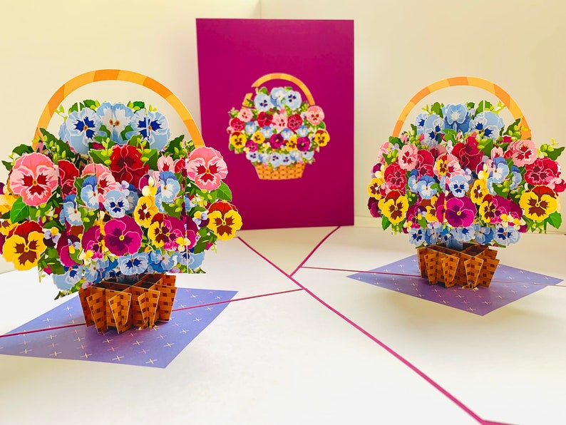 Gorgeous Pansies Flower Basket 3D Pop up Greeting Card Happy Birthday ...