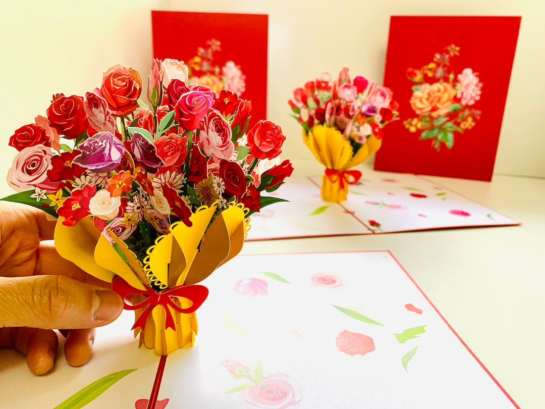 Sweetheart Pink Rose Flower Bouquet 3D Pop up Greeting Card Happy ...