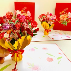 Sweetheart Pink Rose Flower Bouquet 3D Pop Up Greeting Card Happy Birthday Love Handmade with Love Shop Online https://origamipopcards.com/
