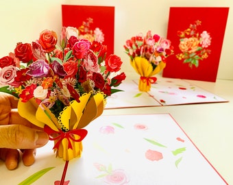 Sweetheart Pink Rose Flower Bouquet 3D Pop Up Greeting Card Happy Birthday Love Handmade with Love Shop Online https://origamipopcards.com/