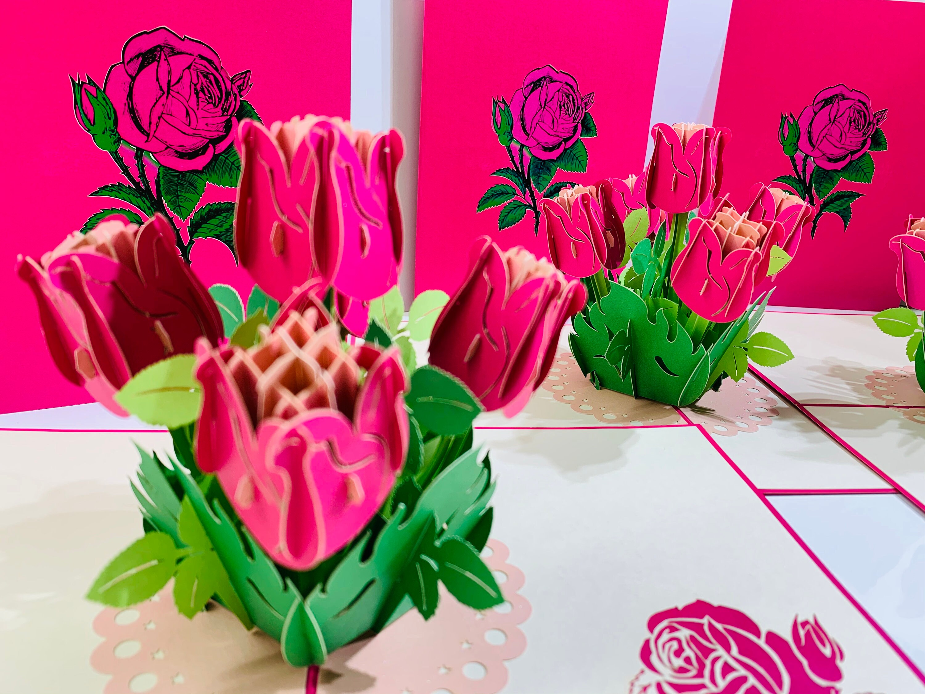 Hot Pink Rose Bouquet Card - Created by Origami Pop Cards - 3D Magical ...