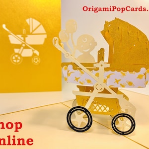 Gouden pop-up wenskaart kinderwagen kinderwagen gemaakt door origami pop-kaarten 3D pop-upkaarten - OrigamiPopCards.com Verjaardagskaart pasgeboren baby