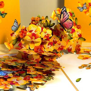 Yellow Golden Orchid Garden with Butterflies 3D Pop Up Greeting Card Happy Birthday Origami Pop Cards Shop https://origamipopcards.com/