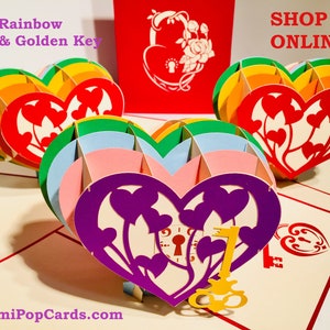 Olbrzymie tęczowe serce i złoty klucz - stworzone przez Origami Pop Cards - Australia 3D Paper Pop Up Cards - OrigamiPopCards.com Ręcznie robione z miłością