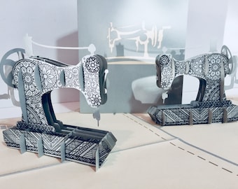 Silver Grey Vintage Sewing Machine Card - Created by Origami Pop Cards - 3D Magical Paper Pop Up Cards - Sydney Australia