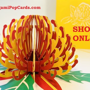 Puede incluir: Una tarjeta pop-up 3D roja y amarilla con una flor de protea estilizada. La tarjeta está abierta y la flor está completamente extendida. La tarjeta está sobre un fondo blanco con un fondo amarillo detrás. El texto "SHOP ONLINE" está impreso en rojo sobre el fondo amarillo.
