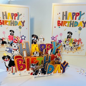 Happy Birthday Doggie Party with Presents Handmade by Origami Pop Cards 3D Pop Up Greeting Card Shop Online https://origamipopcards.com/