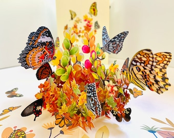 Butterflies Resting on a Bed of Autumn Fall Leaves 3D Pop Up Greeting Card Happy Birthday Thank You Shop Online https://origamipopcards.com/
