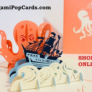 Riesen Orange Oktopus & Blaue Schiff Karte - Erstellt von Origami Pop Cards Sydney 3D Papier Pop Up Karten - OrigamiPopCards.com Hand Made with Love