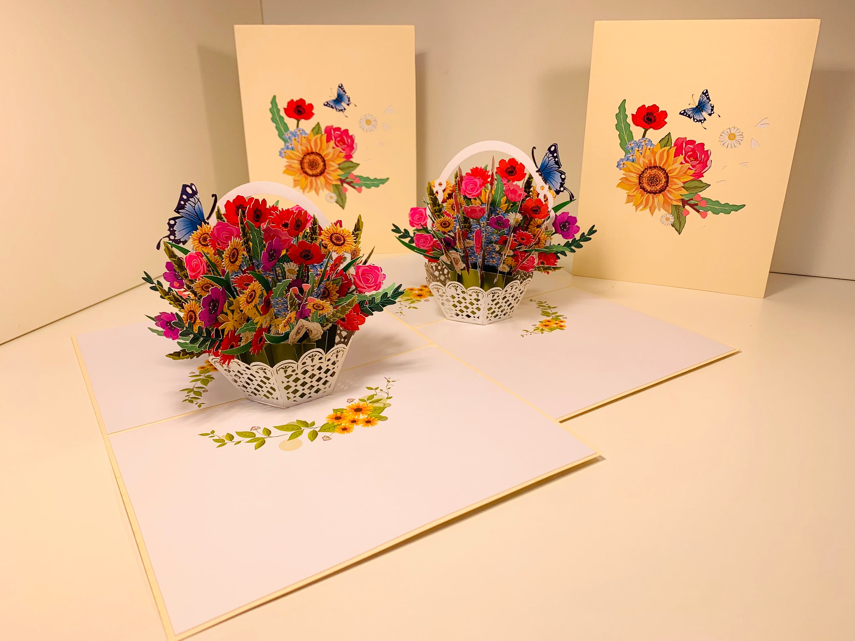 CREAM Spring Colourful Flower Basket 3D Pop up Greeting Card Happy ...