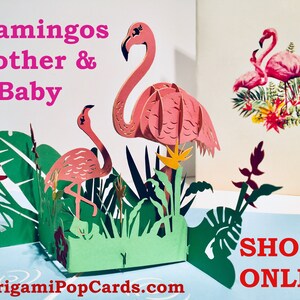 Pink Flamingos Mother & A Baby Card - Created by Origami Pop Cards Sydney - Pop-upkaarten van 3D-papier - OrigamiPopCards.com Hand Made With Love