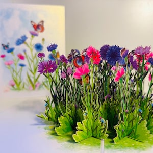 Cornflower Garden with Butterflies Pop Up Greeting Card Happy Birthday Thank You Origami Pop Cards Shop Online https://origamipopcards.com/