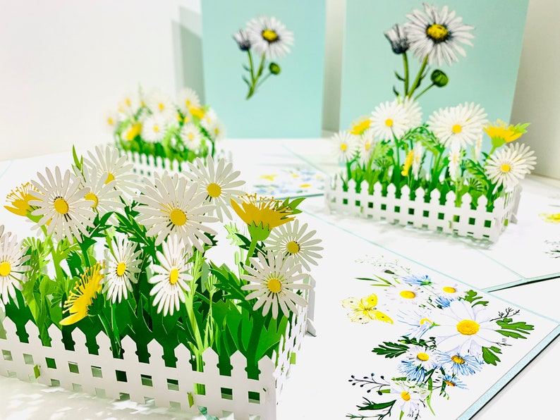 White Daisy Garden 3D Birthday Greeting Card - Origami Handmade ...
