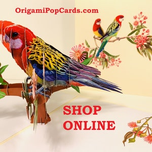 Couple perroquet rosella de l'est oiseau australien fleur de gomme indigène Origami cartes pop 3D carte de voeux pop-up BOUTIQUE https://origamipopcards.com/
