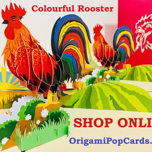 Bunter Hahn Karte - erstellt von Origami Pop Cards - Australien 3D Papier Pop Up Karten OrigamiPopCards.com Hand Made With Love