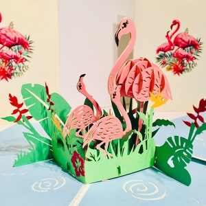 Grote roze flamingo-kaart moeder en 2 baby's - pop-kaarten gemaakt door origami - 3D-papieren pop-upkaarten - OrigamiPopCards.com Hand Made With Love
