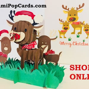 Weihnachtsren-Familienkarte Erstellt von Origami Pop Cards, Sydney Australia 3D Papier Pop Up Karten OrigamiPopCards.com Hand Made with Love
