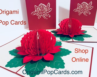 Metallic Red Waratah Australian Native Flower 3D Pop Up Card - Created & Hand-crafted by Origami Pop Cards - Sydney, Australia