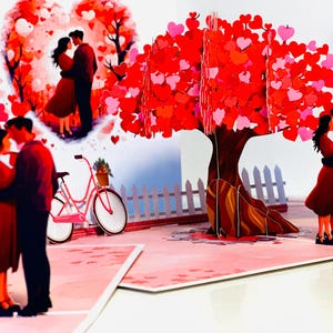 ホットピンクのラブハートの桜の木の下で恋するカップル 3D グリーティングカード 記念日おめでとう オンラインショップ https://origamipopcards.com/