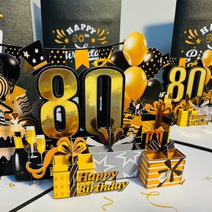 80th Golden Happy Birthday with Presents Cakes & Balloons Pop Up Greeting Card Handmade with Love Shop Online https://origamipopcards.com/