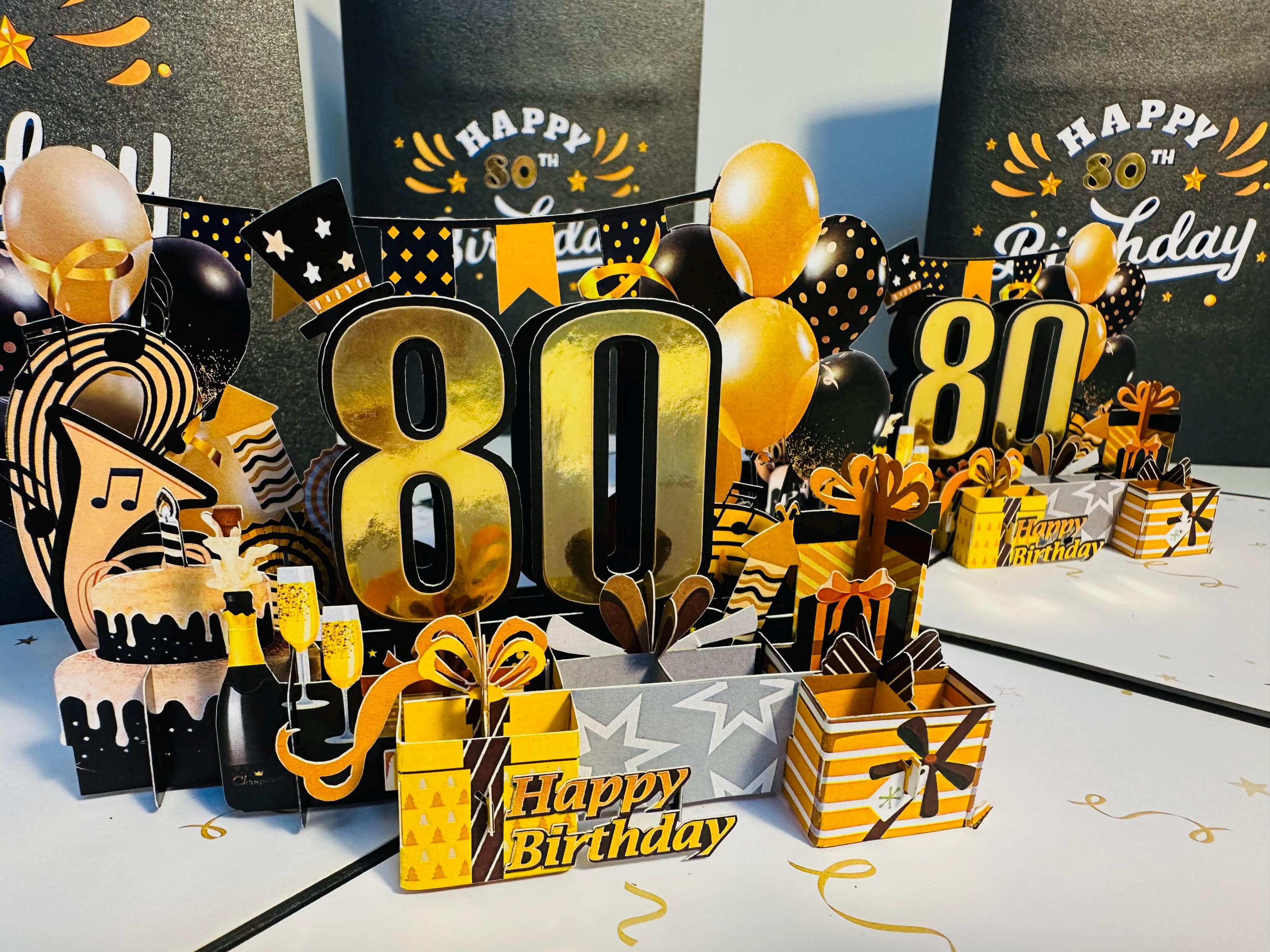 80th Golden Happy Birthday With Presents Cakes & Balloons Pop up