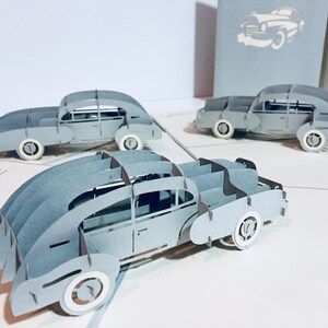 Graue klassische Vintage Auto Karte - erstellt von Origami Pop Cards Sydney - 3D Papier Pop Up Karten - OrigamiPopCards.com Hand Made With Love