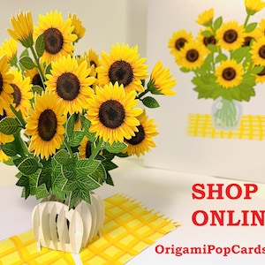 Spring Golden Sunflower Bouquet in Vase 3D Pop Up Origami Greeting Card Happy Birthday Mother's Day SHOP ONLINE https://origamipopcards.com/