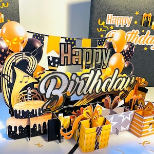 Golden Happy Birthday with Presents Cakes & Balloons 3D Pop Up Greeting Card Handmade with Love Shop Online https://origamipopcards.com/