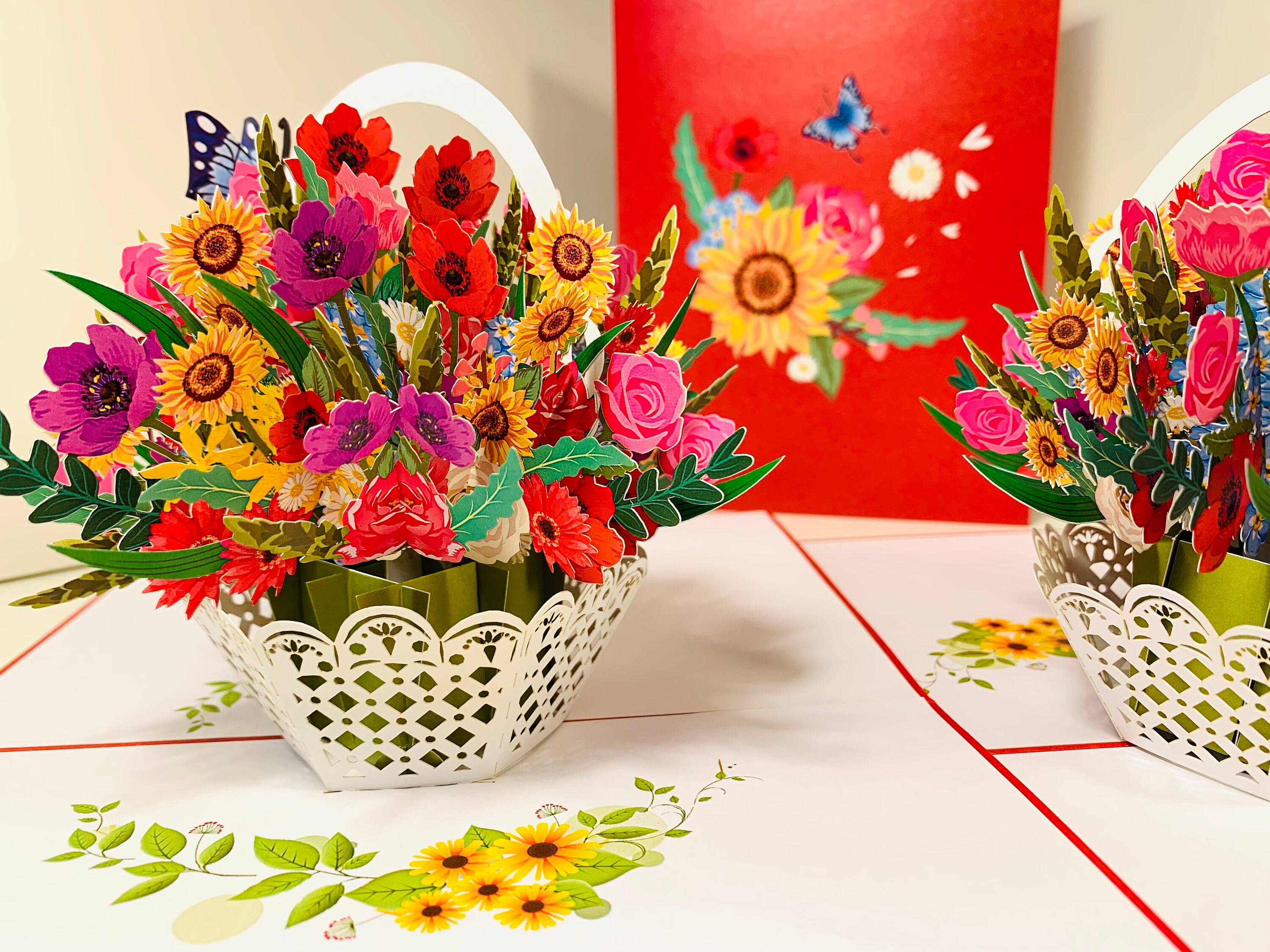 RED Spring Colourful Flower Basket 3D Pop up Greeting Card Happy ...