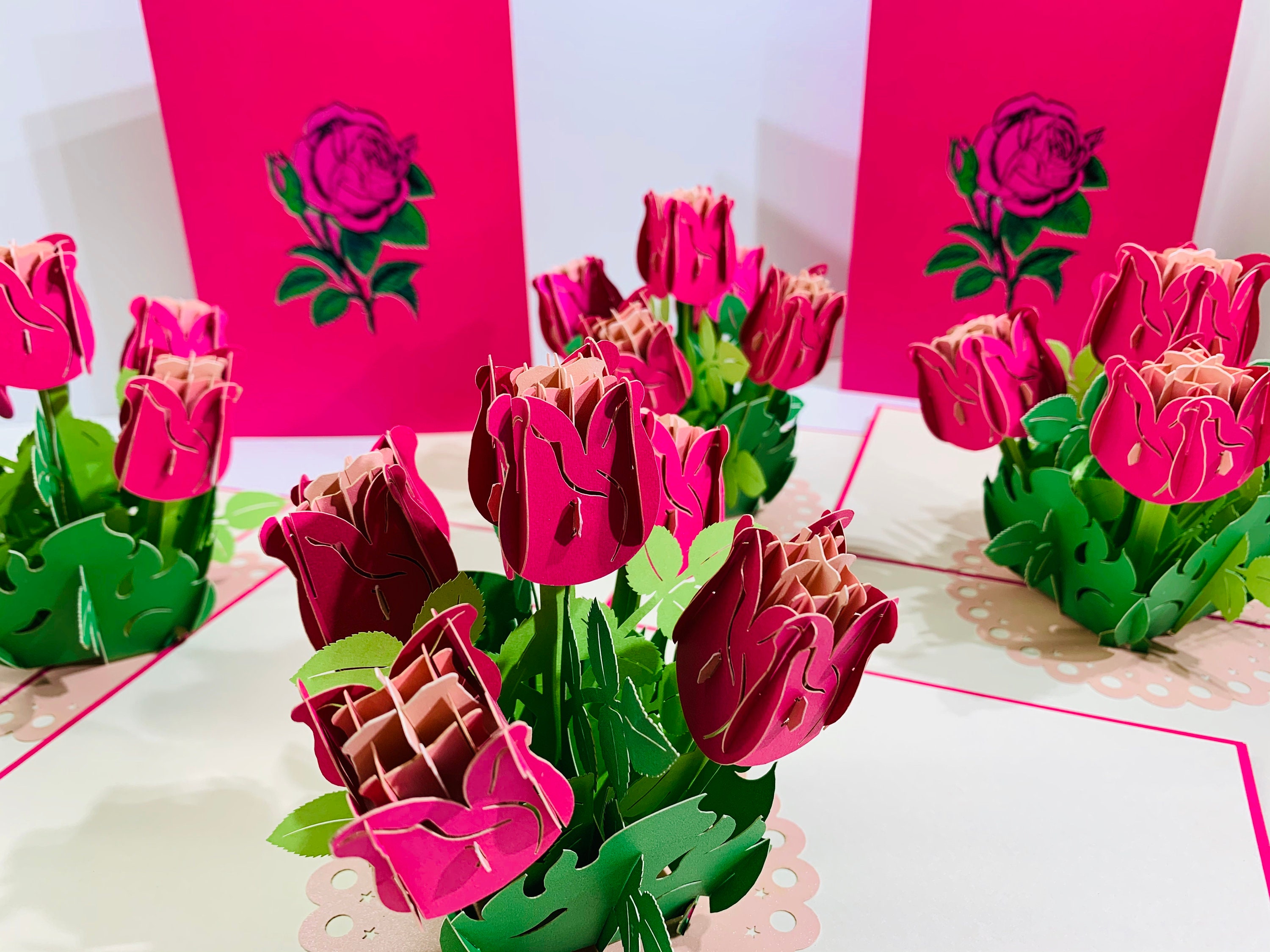 Hot Pink Rose Bouquet Card - Created by Origami Pop Cards - 3D Magical ...