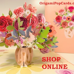 Buquê de flores de rosas rosa pastel de primavera em vaso - Cartões Origami Pop Cartão de Feliz Aniversário Dia das Mães COMPRE ONLINE https://origamipopcards.com/
