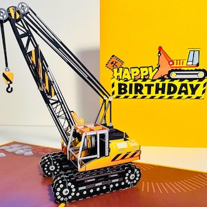 Cartão de felicitações pop-up 3D de caminhão guindaste de feliz aniversário, perfeito para trabalhadores da construção civil ou crianças pequenas. Compre online https://origamipopcards.com/