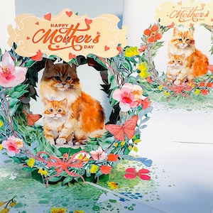 Happy Mother's Day Mum Cat & Baby Kitten in Floral Wreath Handmade with Love Pop Up Greeting Card Shop Online https://origamipopcards.com/