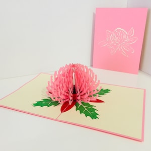 Waratah Australian Native Blume in Pink - Erstellt von Origami Pop Cards Sydney 3D Papier Pop Up Karten OrigamiPopCards.com Hand Made with Love