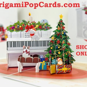 Cartão de felicitações pop-up 3D "Festa de Natal do Gato Meow", feito à mão, com saudações de Feliz Natal, boas festas, compre online https://origamipopcards.com/