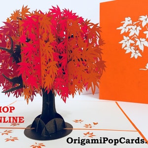 Érable du Japon complexe, orange et rouge, 3D, voeux de joyeux anniversaire, cartes pop en origami faites à la main avec amour https://origamipopcards.com/