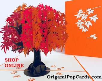 Intricate Orange Red Japanese Maple Tree 3D Pop Up Greeting Happy Birthday Handmade with Love Origami Pop Cards https://origamipopcards.com/