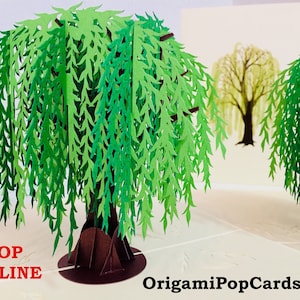 Cartão de felicitações pop-up 3D de salgueiro-chorão verde, feliz aniversário, obrigado, feito à mão com amor, cartões pop-up de origami https://origamipopcards.com/