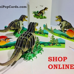 Tarjeta de felicitación de cumpleaños en 3D con dinosaurio T-Rex súper genial. Tarjeta de cumpleaños emergente de origami hecha a mano. COMPRA ONLINE EN SÍDNEY: https://origamipopcards.com/