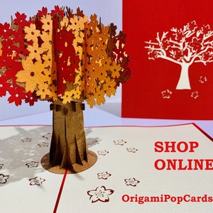 Sakura Kirschblütenbaum in Orange / Rot Karte - erstellt von Origami Pop Cards 3D Papier Pop Up Karten - OrigamiPopCards.com Hand Made With Love