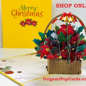 Panier de fleurs de poinsettia de Noël ~ Carte de voeux 3D pop-up Voeux de joyeux Noël fait main, boutique en ligne https://origamipopcards.com/