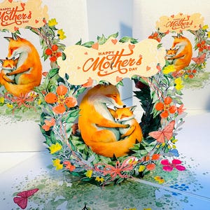 Happy Mother's Day Sweet Mum & Baby Fuchs im Blumenkranz Handmade with Love 3D Pop Up Grußkarte Shop Online https://origamipopcards.com/