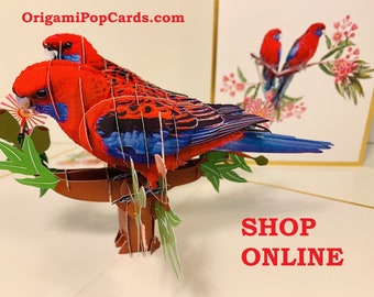 LUXURY GOLD Couple Crimson Rosella Parrot Australian Bird Origami Pop Cards 3D Pop Up Greeting Card Birthday https://origamipopcards.com/