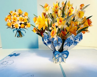 BABY BLUE Cover - Spring Daffodil Bloom Flower Bouquet Happy Birthday - 3D Pop Up Greeting Card Shop Online https://origamipopcards.com/