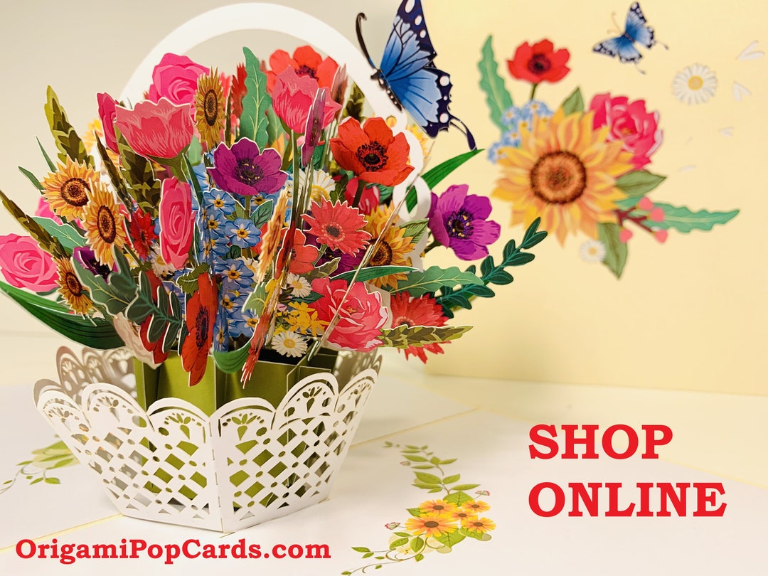 CREAM Spring Colourful Flower Basket 3D Pop up Greeting Card Happy ...