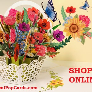 CREAM Spring Colourful Flower Basket 3D Pop Up Greeting Card Happy Birthday Handmade Love Thank You Shop Online https://origamipopcards.com/