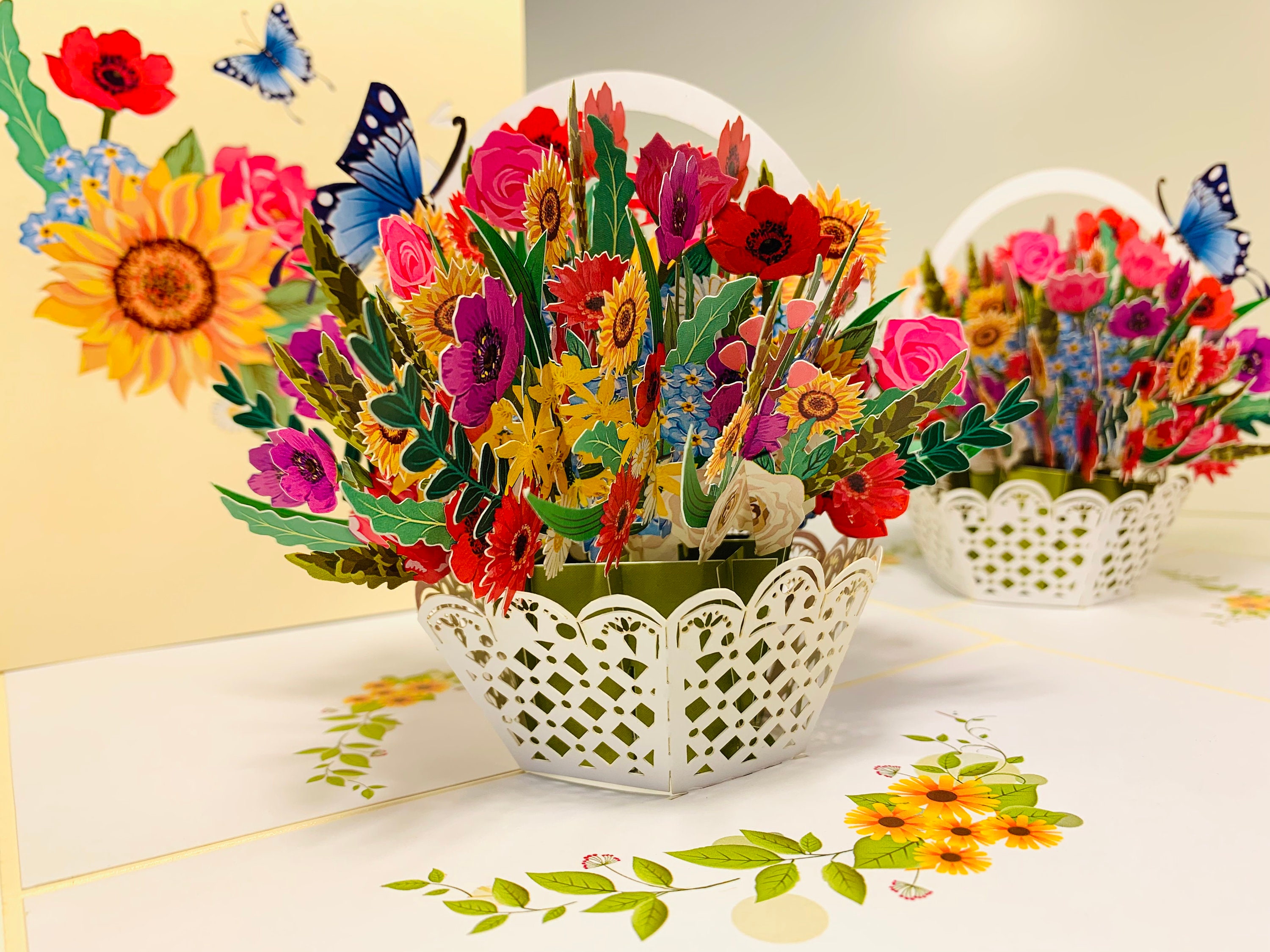 CREAM Spring Colourful Flower Basket 3D Pop up Greeting Card Happy ...