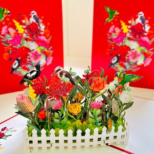 Magnifique carte de voeux pop-up 3D avec jardins et oiseaux indigènes d'Australie Joyeux anniversaire Merci Fait main Boutique en ligne https://origamipopcards.com/