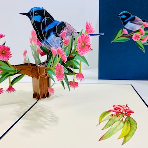 Superb Fairy Blue Wren Australian Bird Native Gum Wildflower 3D Pop Up Greeting Card Happy Birthday Handmade  https://origamipopcards.com/